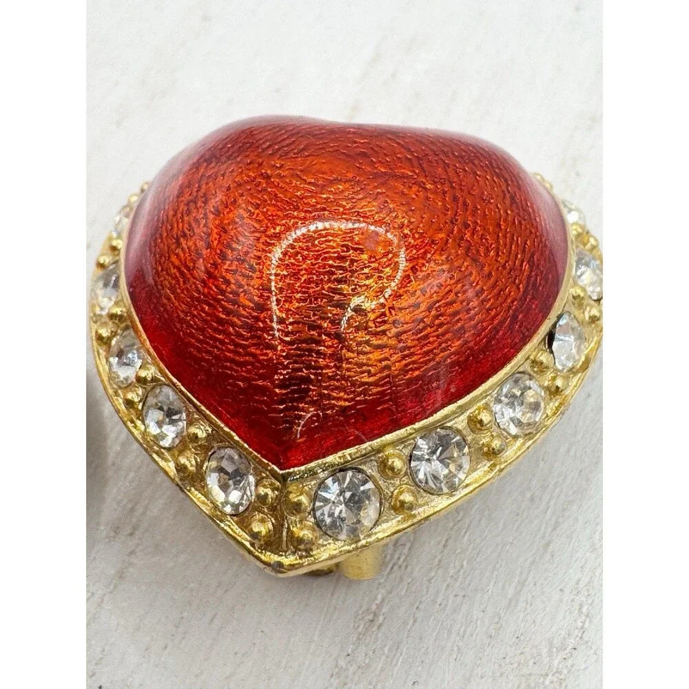 Vintage Victoria's Secret Red Enamel Puff Heart Clip on Earrings Rhinestone